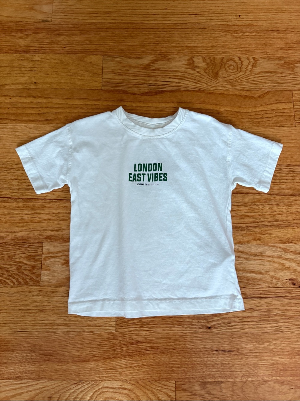 Zara White Tee with Green "London East Vibes" Graphic